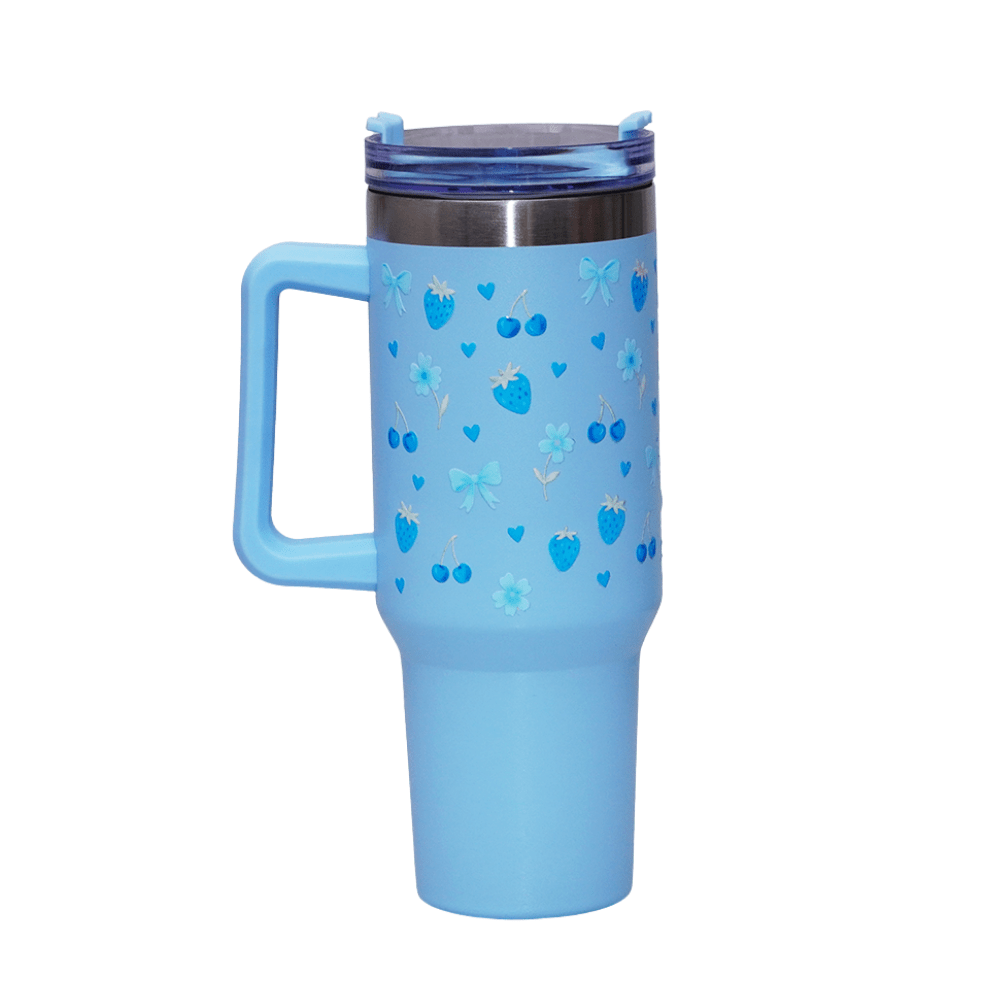 Blue Cherry & Strawberry Floral Stainless Steel Tumbler - Memories InsiteBLUE CHERRY & STRAWBERRY FLORAL TUMBLER SKY BLUE STANLEY WITHOUT CHARM